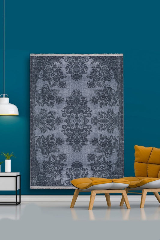 Halı Vagonu 2031 Mavi Tonunda Bordürlü Eskitme Klasik Desen Kaymaz Taban Dekoratif Halı