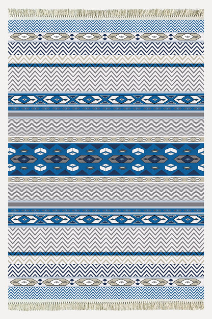 Cotton Kilim 78 Mavi ve beyaz Tonlarında Etnik Bohem Stil Pamuk Taban