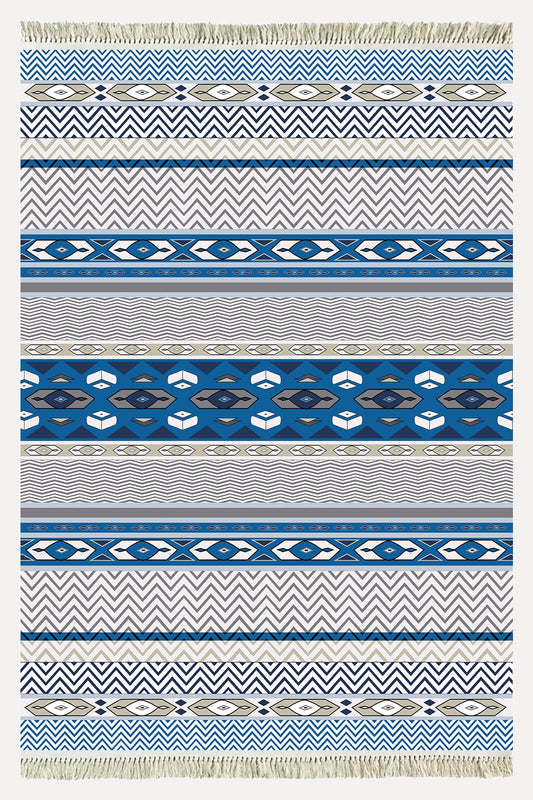 Cotton Kilim 78 Mavi ve beyaz Tonlarında Etnik Bohem Stil Pamuk Taban