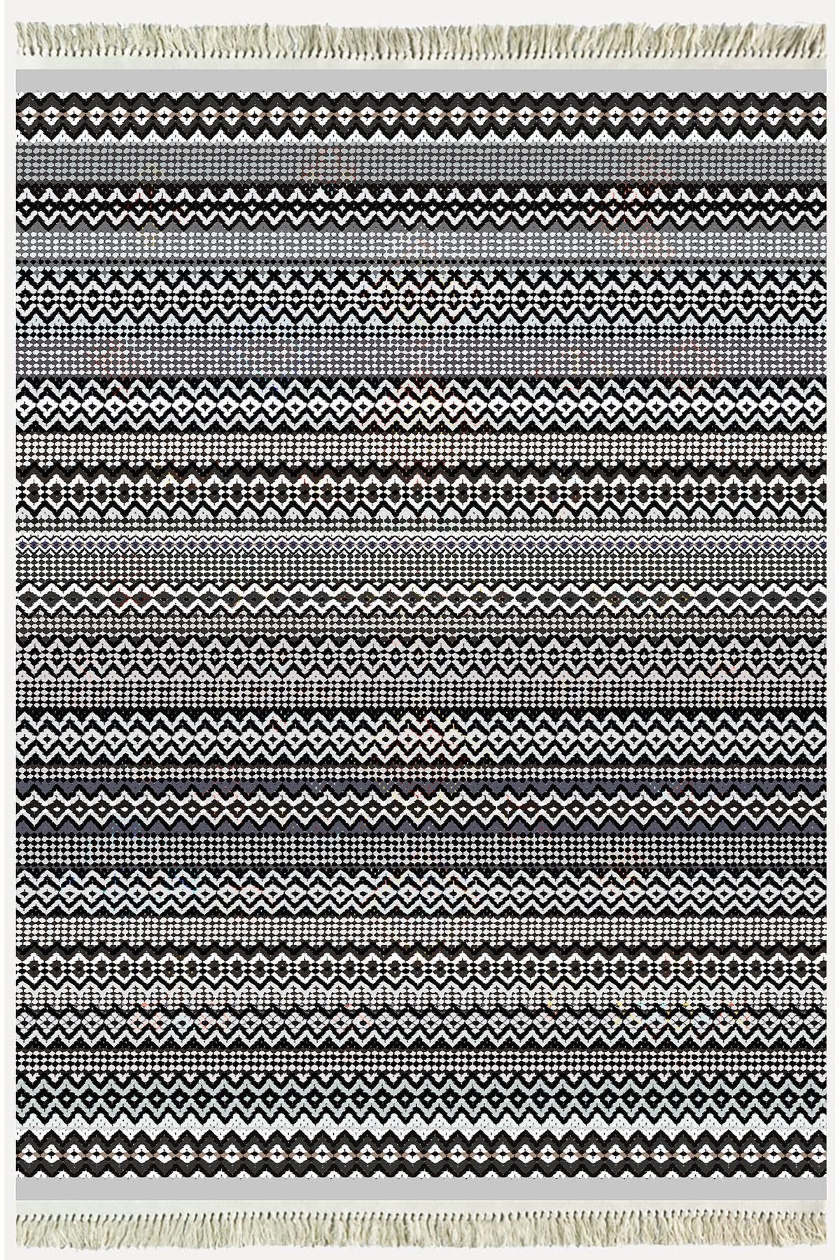 Cotton Kilim 56 Gri Desenli Geleneksel Motifler Modern Dekoratif Saçaklı Yıkanabilen Dokuma Kilim