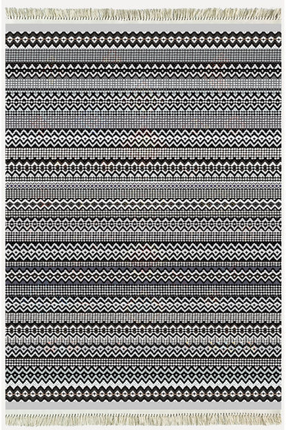 Cotton Kilim 56 Gri Desenli Geleneksel Motifler Modern Dekoratif Saçaklı Yıkanabilen Dokuma Kilim