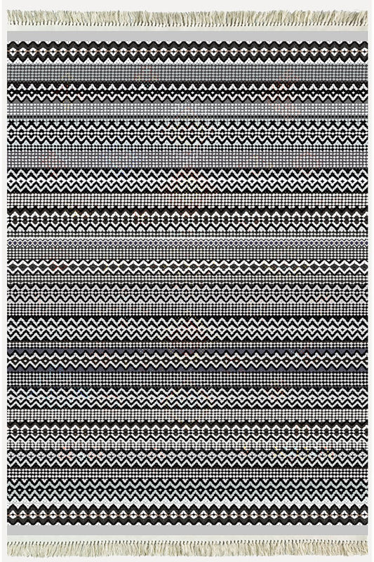 Cotton Kilim 56 Gri Desenli Geleneksel Motifler Modern Dekoratif Saçaklı Yıkanabilen Dokuma Kilim