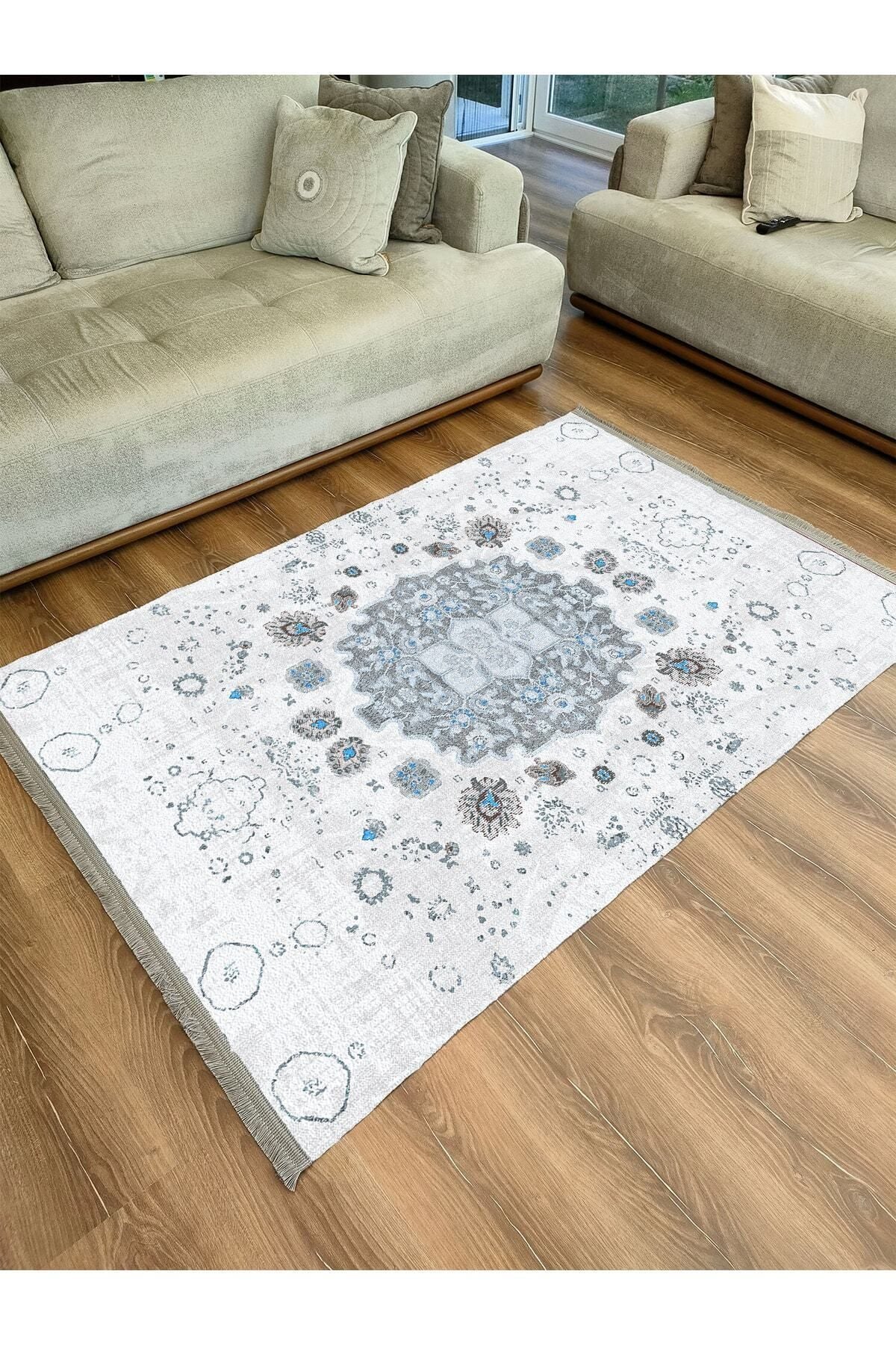 Halı Vagonu Serisi Gri Mavi Etnik Geometrik Desen Kaymaz Taban Şönil Halı