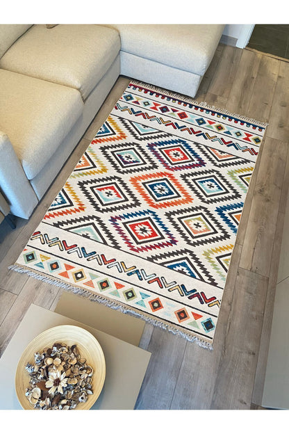 Cotton Kilim 19 Krem Zeminli Çizgili Desenli Dekoratif Yıkanabilen Dokuma Taban Kilim