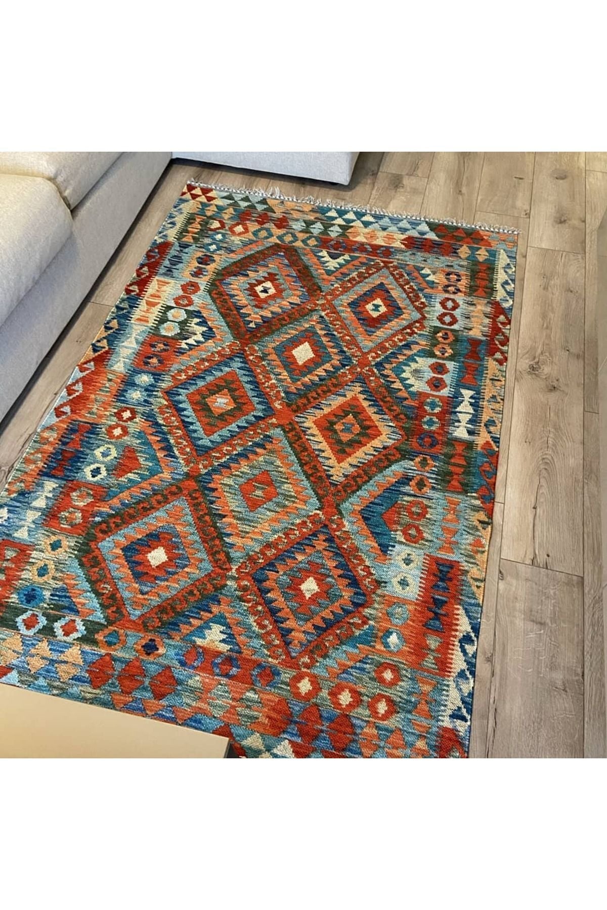 Cotton Serisi Açık Mavi Tonunda Baklavalı Geometrik Desen Dekoratif Dokuma Taban Kilim