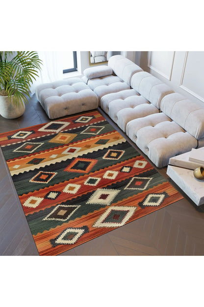 Halı Vagonu 203 Çok Renkli Bej Otantik Etnik Desen Kaymaz ve Dokuma Taban Dekoratif Halı