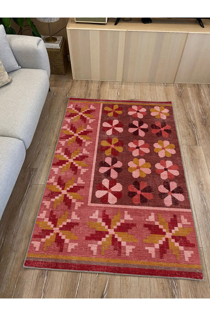 Halı Vagonu 108 Pastel Gül Kurusu Pembe Çiçekli Floral Dokuma Taban Salon Mutfak Halısı