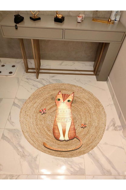 Boho 934 Jut Doğa Kedi Temalı Desenli Etnik Örgü Yuvarlak Natural Renk Çift Taraflı Halı