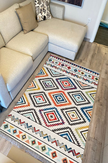 Cotton Kilim 19 Krem Zeminli Çizgili Desenli Dekoratif Yıkanabilen Dokuma Taban Kilim