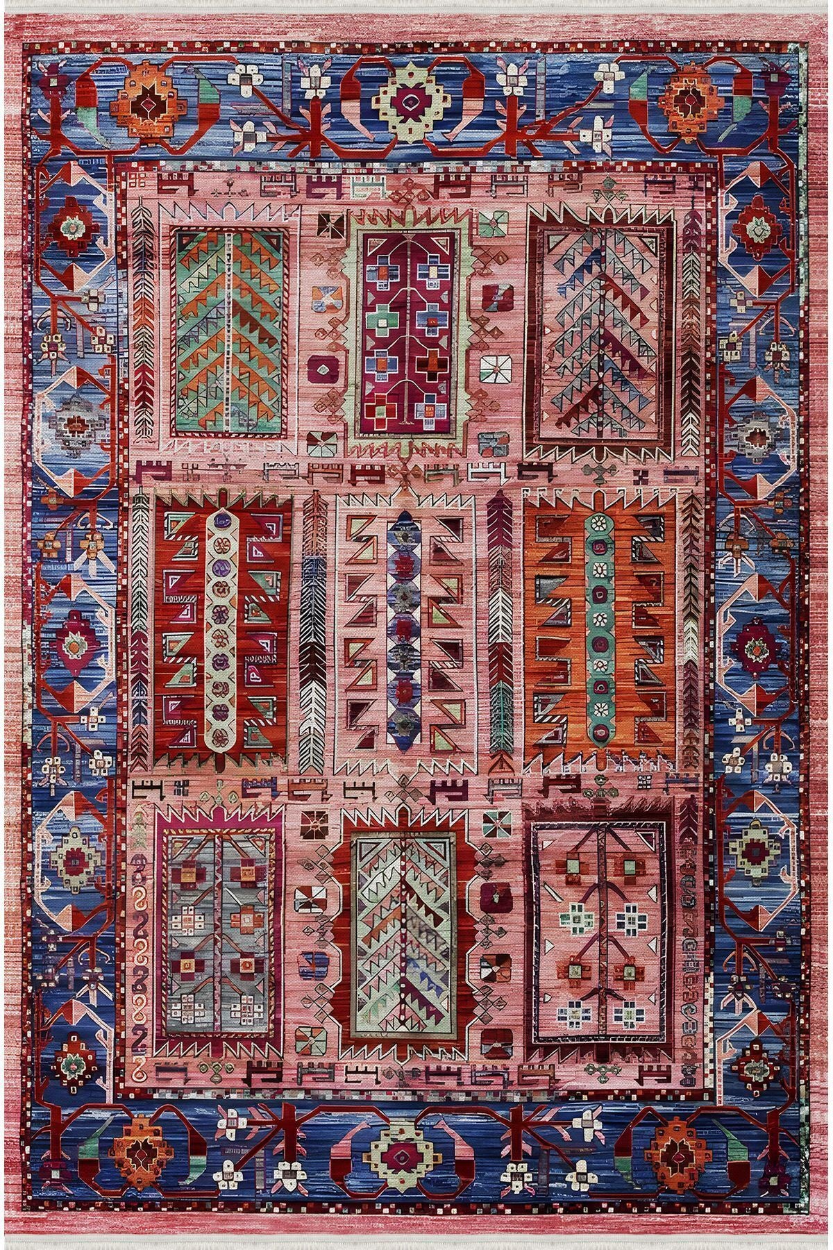 Renkli Klasik Desenli Yıkanabilir Kaymaz Salon Halısı, Koridor ve Mutfak Halısı Kilim 66