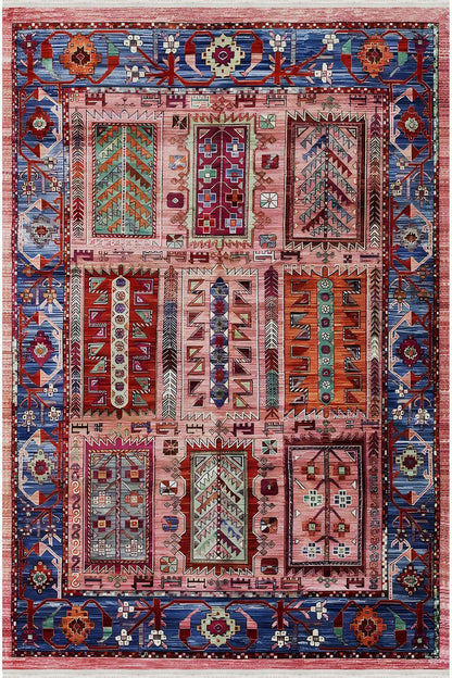 Renkli Klasik Desenli Yıkanabilir Kaymaz Salon Halısı, Koridor ve Mutfak Halısı Kilim 66