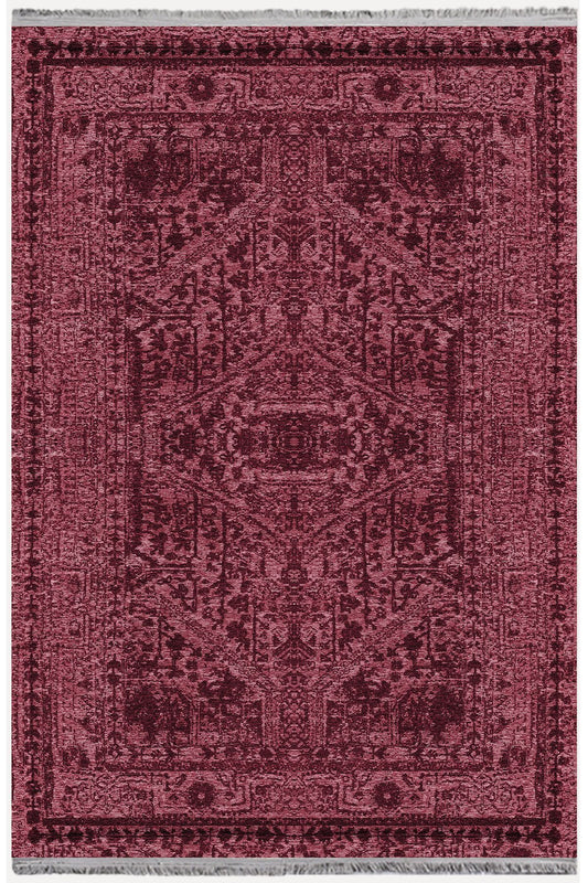 Halı Vagonu Serisi Bordo Tonlarında Etnik Otantik Eskitme Desen Kaymaz Taban Şönil Halı