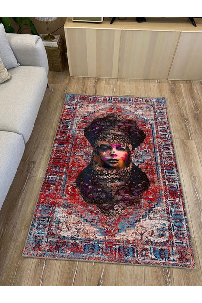 HV 126 Etnik Anadolu Halı Üzerine Kadın Suratı Dekoratif Salon Halısı Saçaklı Yıkanabilen Halı