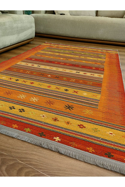 Halı Vagonu 2038 Renkli Klasik Desenli Yıkanabilir Kaymaz Salon Halısı, Koridor Ve Mutfak Halısı