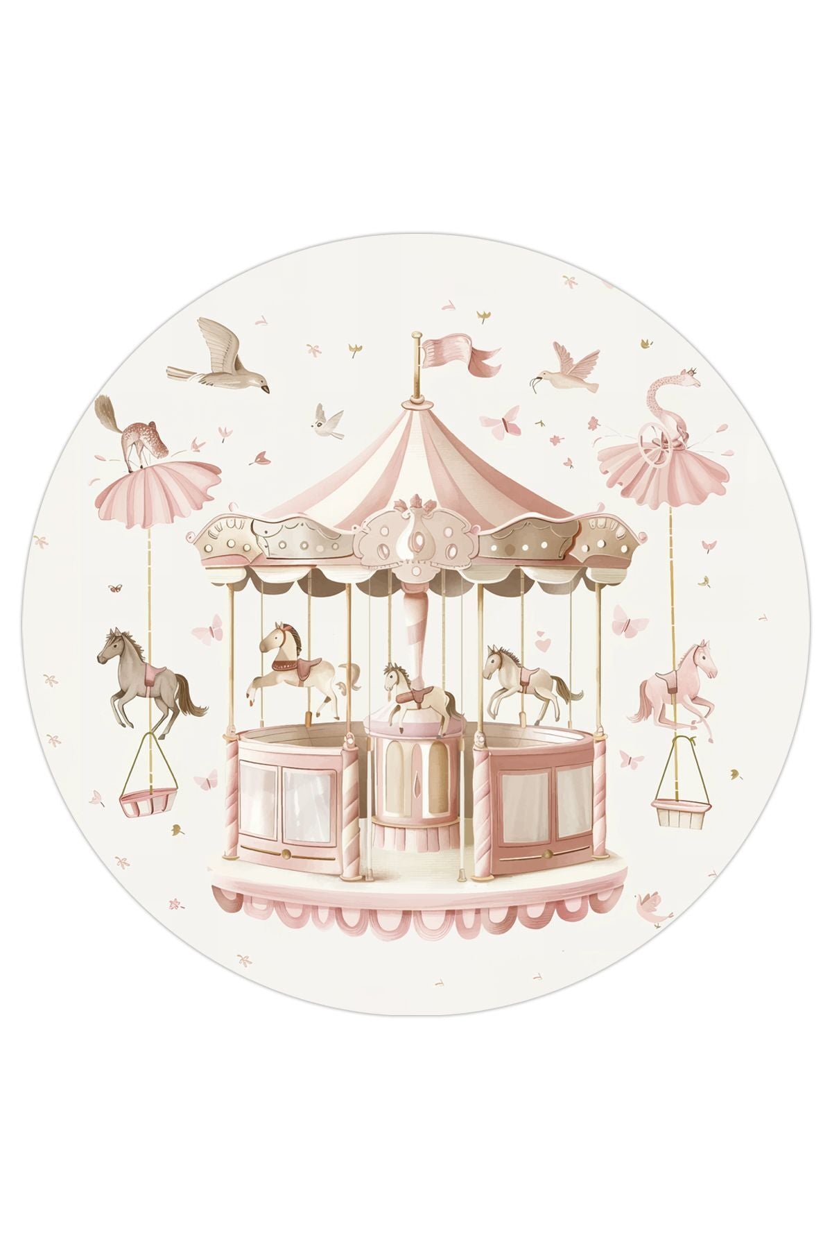 Halı Vagonu 199 Bej Pembe Pastel Atlı Karınca Yuvarlak Dokuma Taban Çocuk Odası Halısı