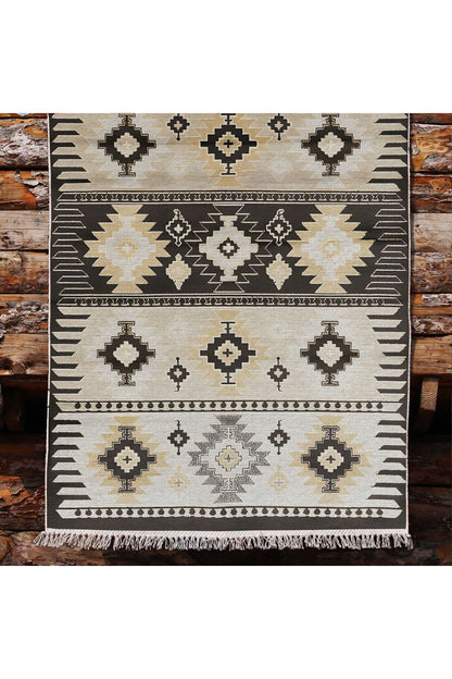 Cotton Kilim 17 Kahve Zeminli Çizgili Desenli Dekoratif Yıkanabilen Dokuma Taban Kilim