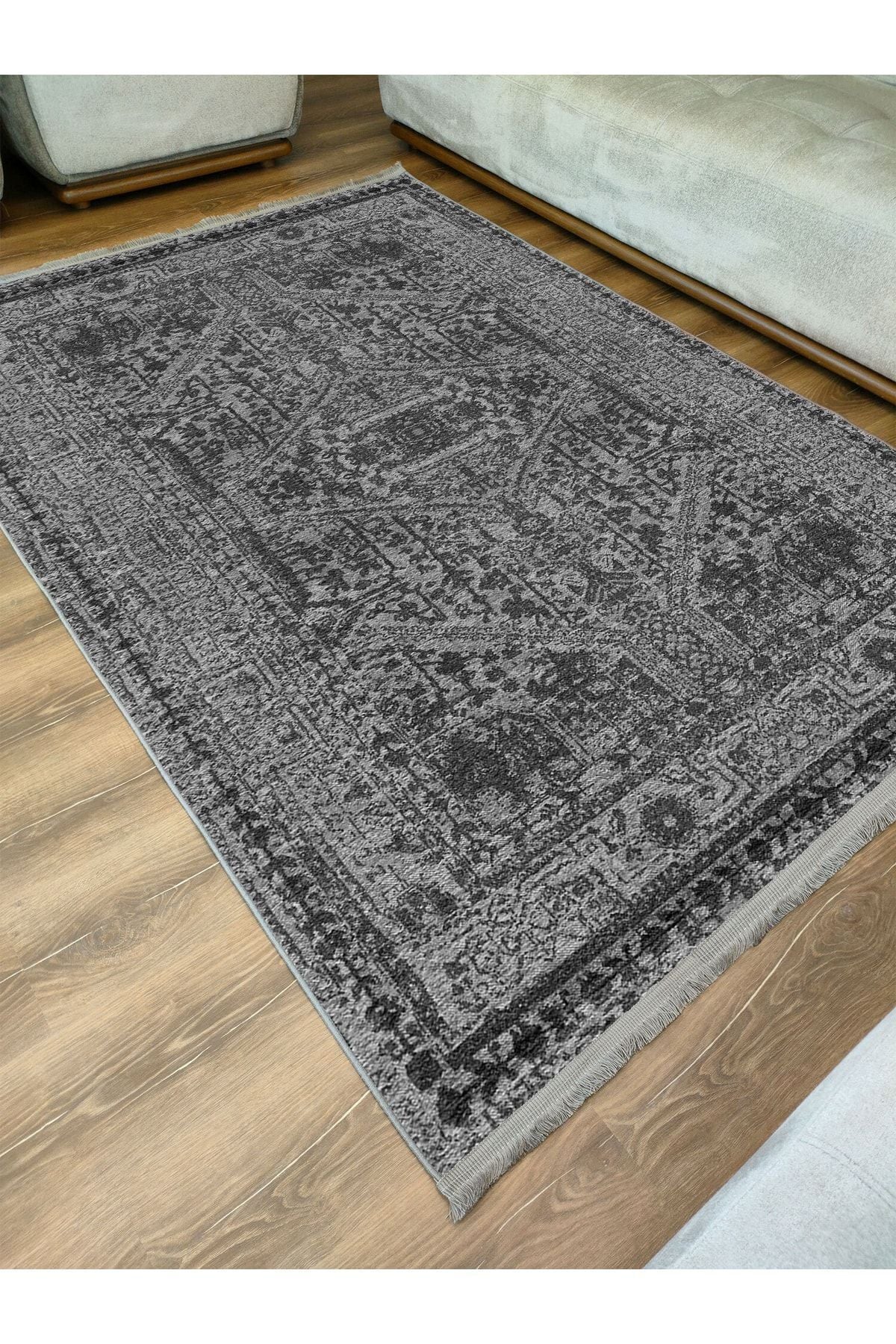 Halı Vagonu Serisi Gri Tonlarında Eskitme Antika Desen Kaymaz Taban Şönil Halı