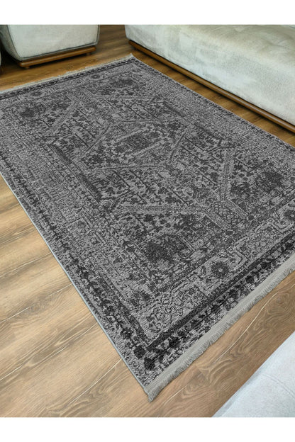 Halı Vagonu Serisi Gri Tonlarında Eskitme Antika Desen Kaymaz Taban Şönil Halı