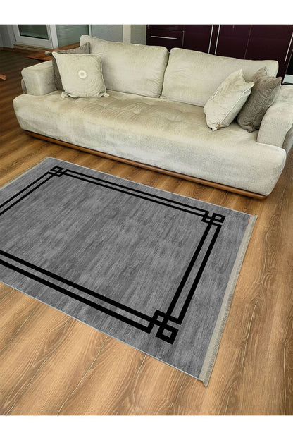 Halı Vagonu 2064 Siyah Çerçeve Desenli Yıkanabilir Kaymaz Salon Halısı, Koridor Ve Mutfak Halısı