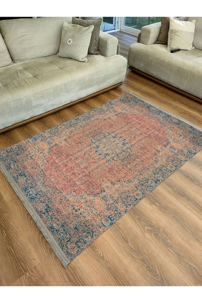 Halı Vagonu Serisi Mavi Ve Kahve Tonlarında Eskitme Otantik Desen Kaymaz Taban Şönil Halı