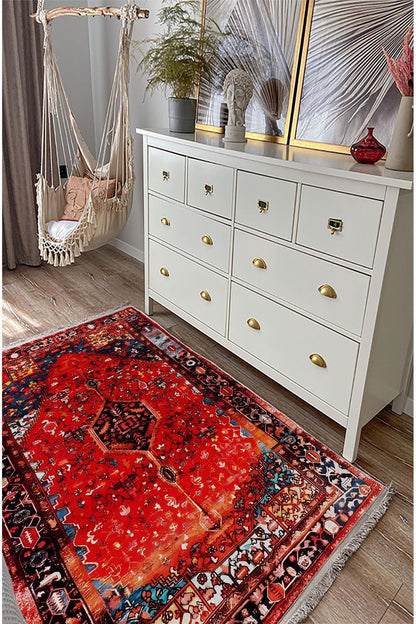 Halı Vagonu Halı95 Kırmızı Tonlarında Klasık Dekoratif Halı Salon Halısı Saçaklı Yıkanabilen Halı