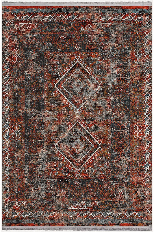 Mars 2157 Bordo Tonlarında Klasik Eskitme Desen Saçaklı Dekoratif Halı