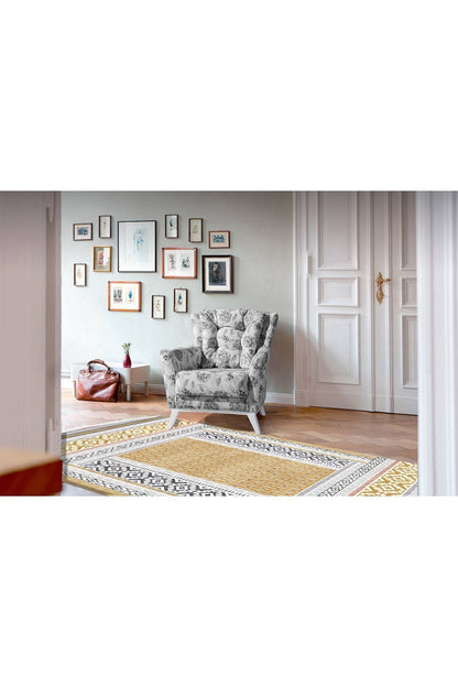 Cotton Serisi Sarı Yunan Motifli Eskitme Antik Otantik Desen Dekoratif Dokuma Taban Kilim