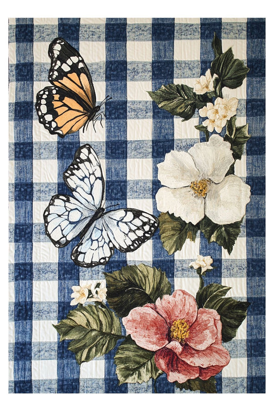 Halı Vagonu 210 Mavi Beyaz Ekose Çiçek Kelebek Figürlü Modern Dokuma Taban Dekoratif Halı