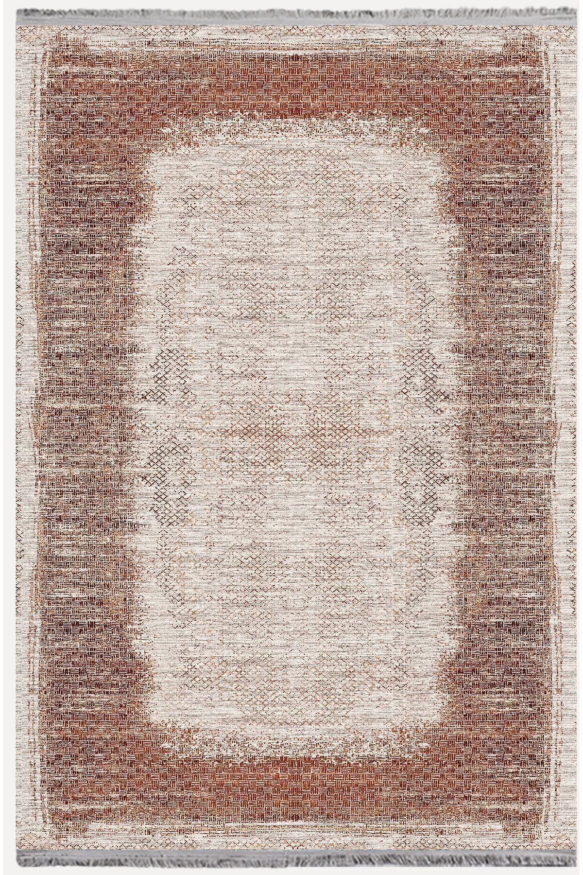 Halı Vagonu Halı 2096 Kahve Tonunda Geometrik Kilim Salon Halısı Saçaklı Yıkanabilen Halı