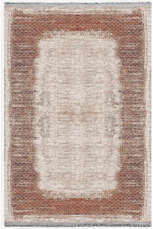 Halı Vagonu Halı 2096 Kahve Tonunda Geometrik Kilim Salon Halısı Saçaklı Yıkanabilen Halı