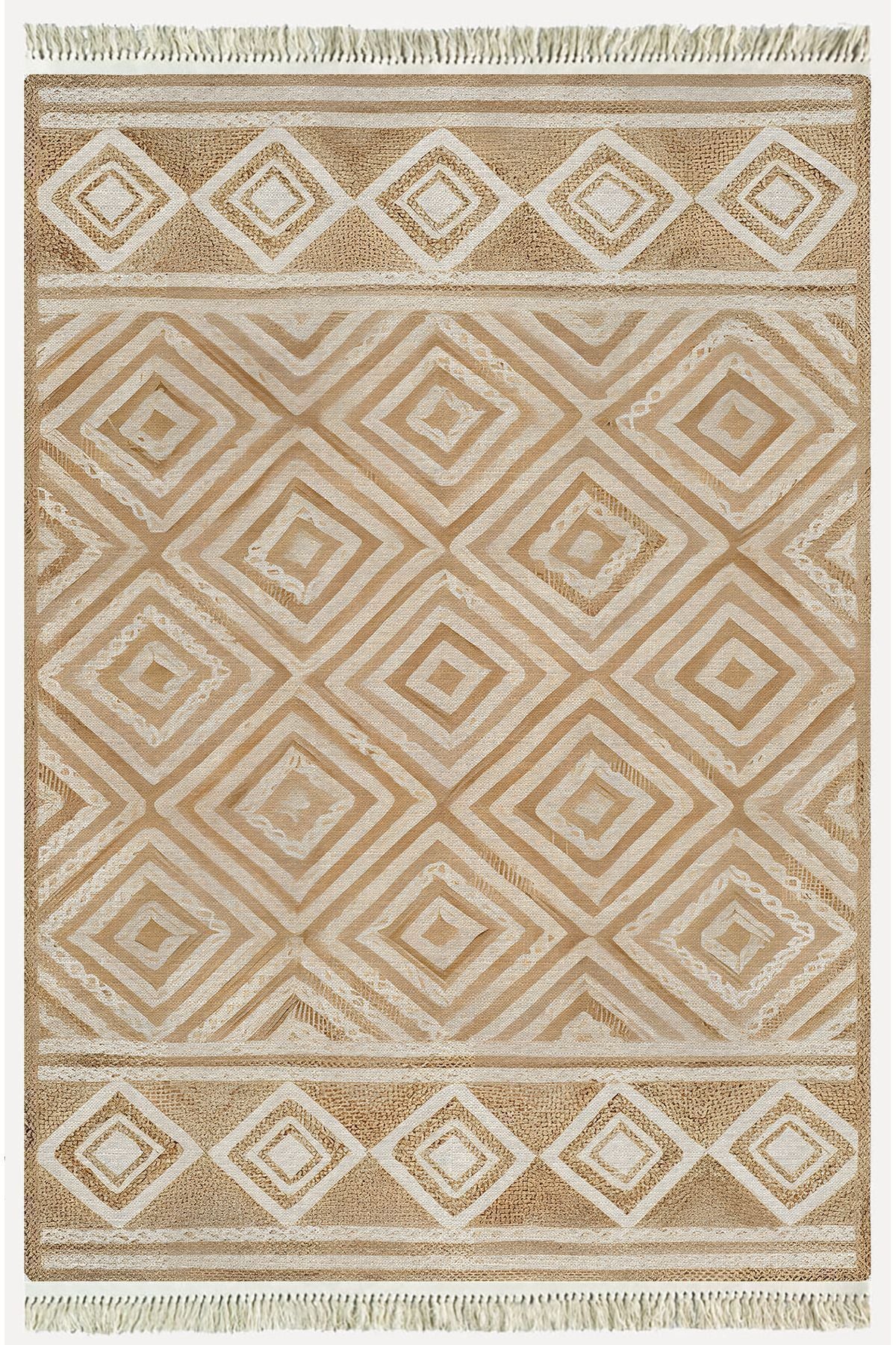 Cotton Kilim 10 Iskandinav Krem Tonunda Dekoratif Yıkanabilen Dokuma Taban Kilim