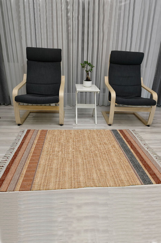 Cotton Serisi Kahve Ve Gri Tonlarında Bordürlü Eskitme Desenli Dekoratif Dokuma Taban Kilim