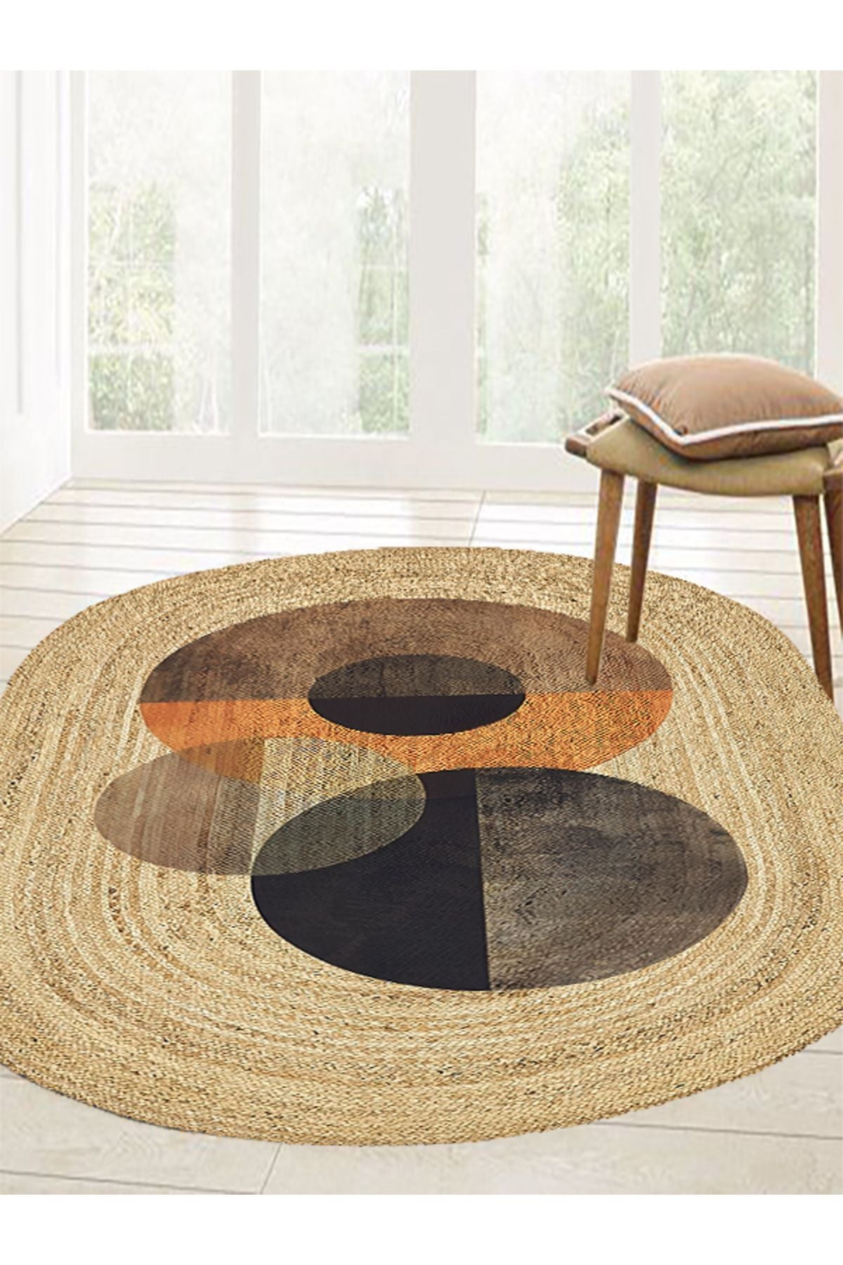 Boho 986 Oval Siyah Etnik Desenli Jüt Rengi Örgü Yuvarlak Natural Çift Taraflı Halı