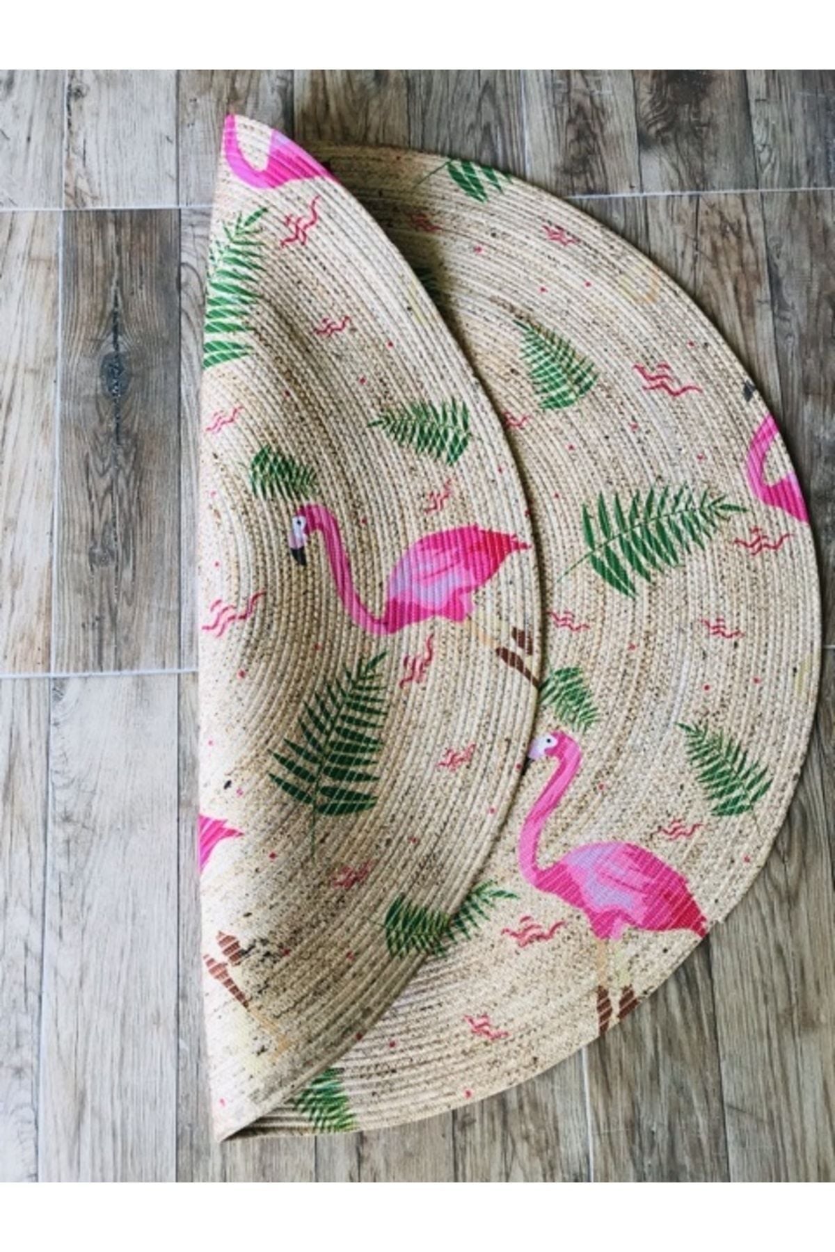 Halı Vagonu Flamingolar Yuvarlak Jüt Örme Hasır Halı/Kilim HV-JH-03