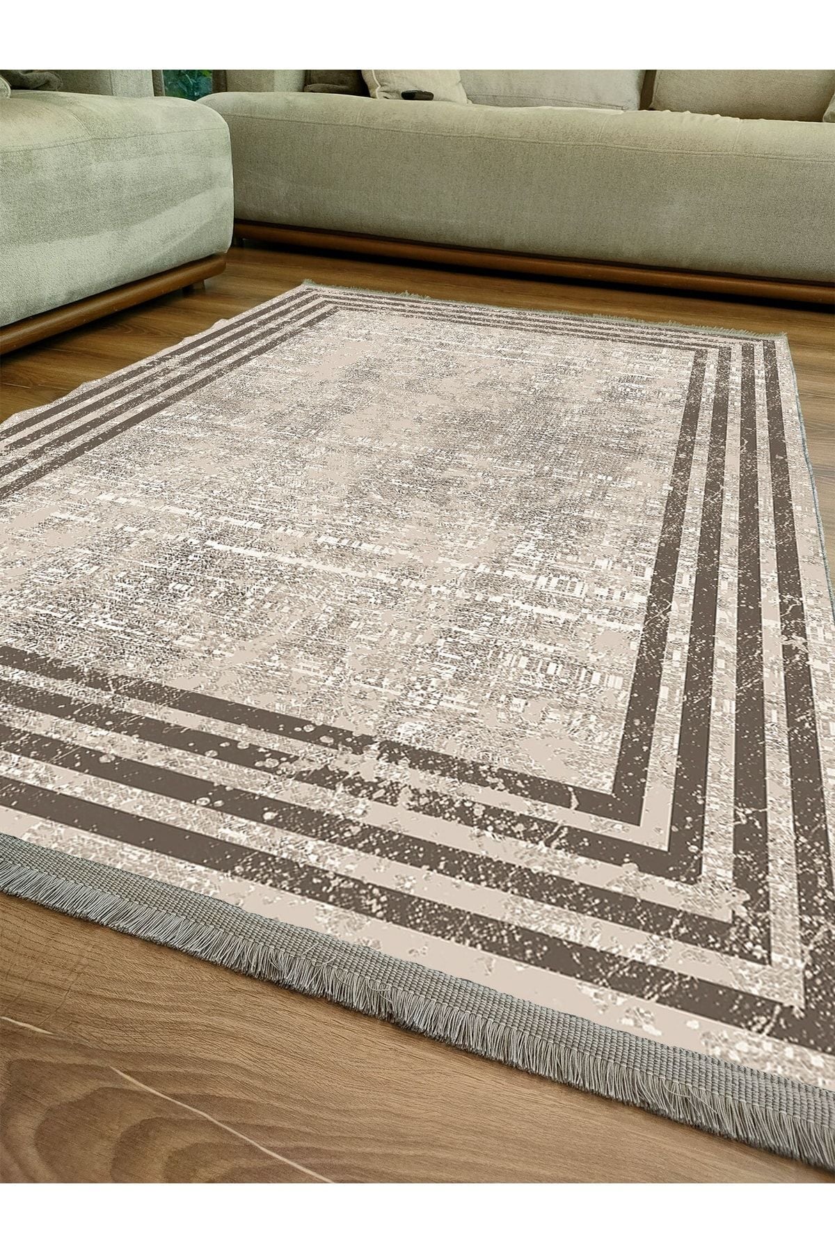 Halı Vagonu Serisi Kahve Tonlarında Çizgili Etnik Desen Kaymaz Taban Şönil Halı