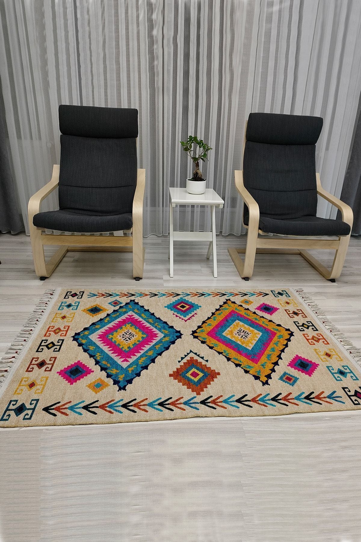 Cotton Serisi Multy Tonlarında Otantik Etnik Geometrik Desenli Dekoratif Dokuma Taban Kilim