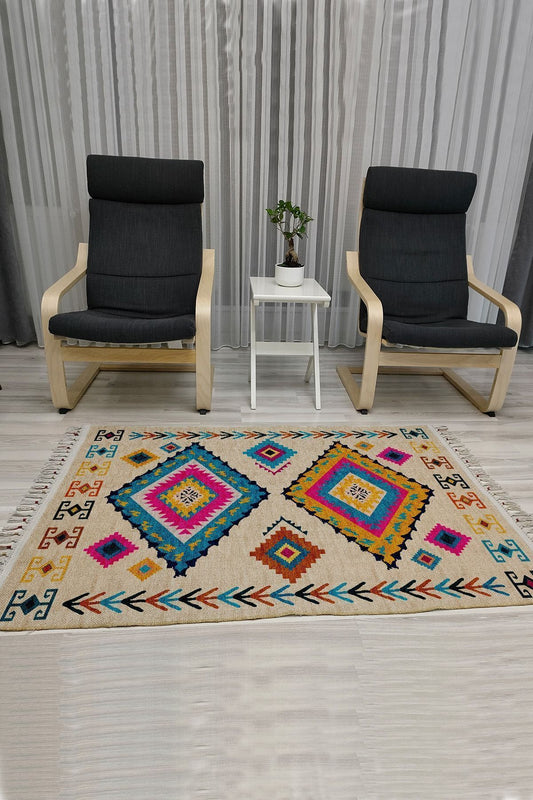 Cotton Serisi Multy Tonlarında Otantik Etnik Geometrik Desenli Dekoratif Dokuma Taban Kilim