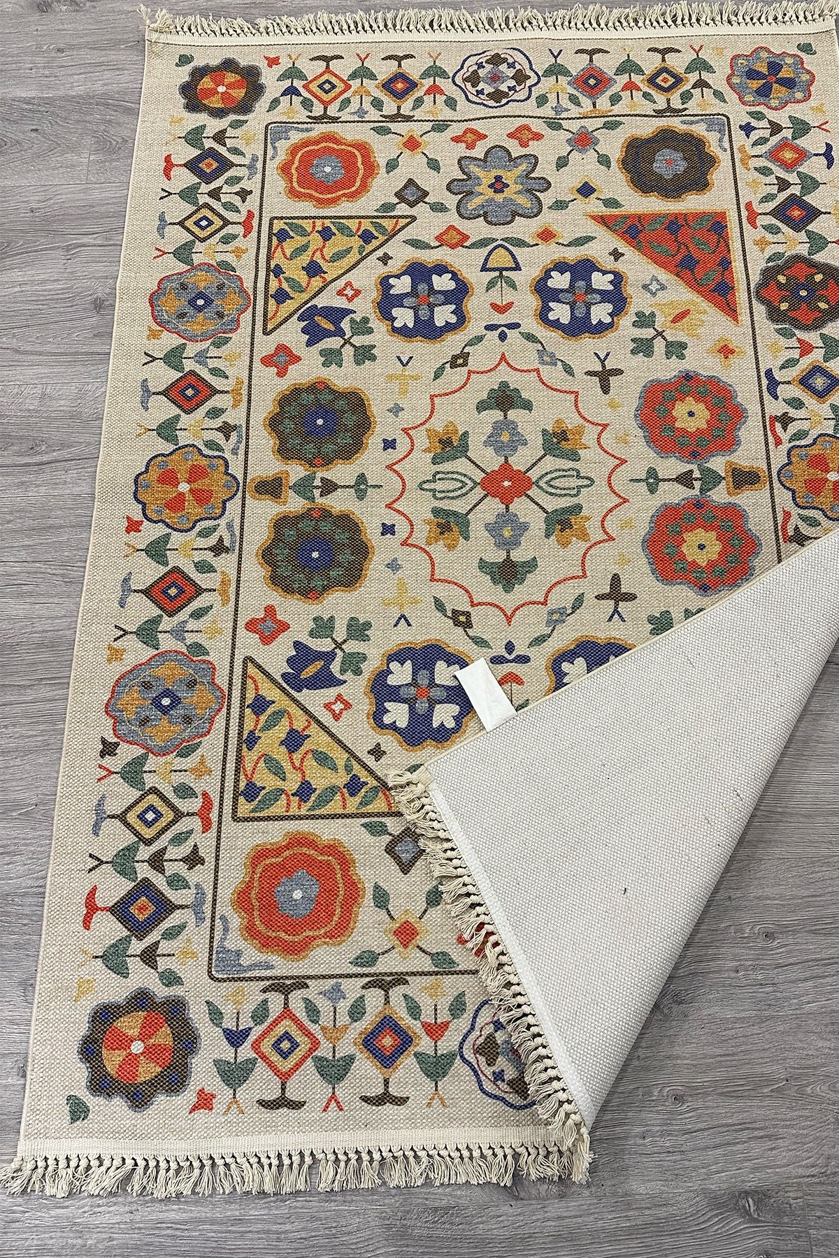 Cotton Etnik Otantik Çini Desenli Çok Renkli Makina Dokuma Kilim 2035