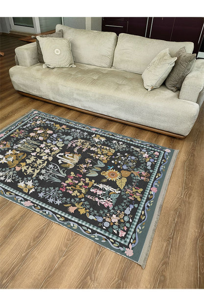 HV  2188 Yeşil Çiçek Temalı Geleneksel Motifli Etnik Desenli Yıkanabilen Saçaklı Dekoratif Halı
