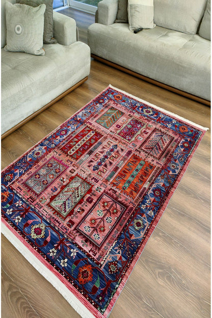 Renkli Klasik Desenli Yıkanabilir Kaymaz Salon Halısı, Koridor ve Mutfak Halısı Kilim 66