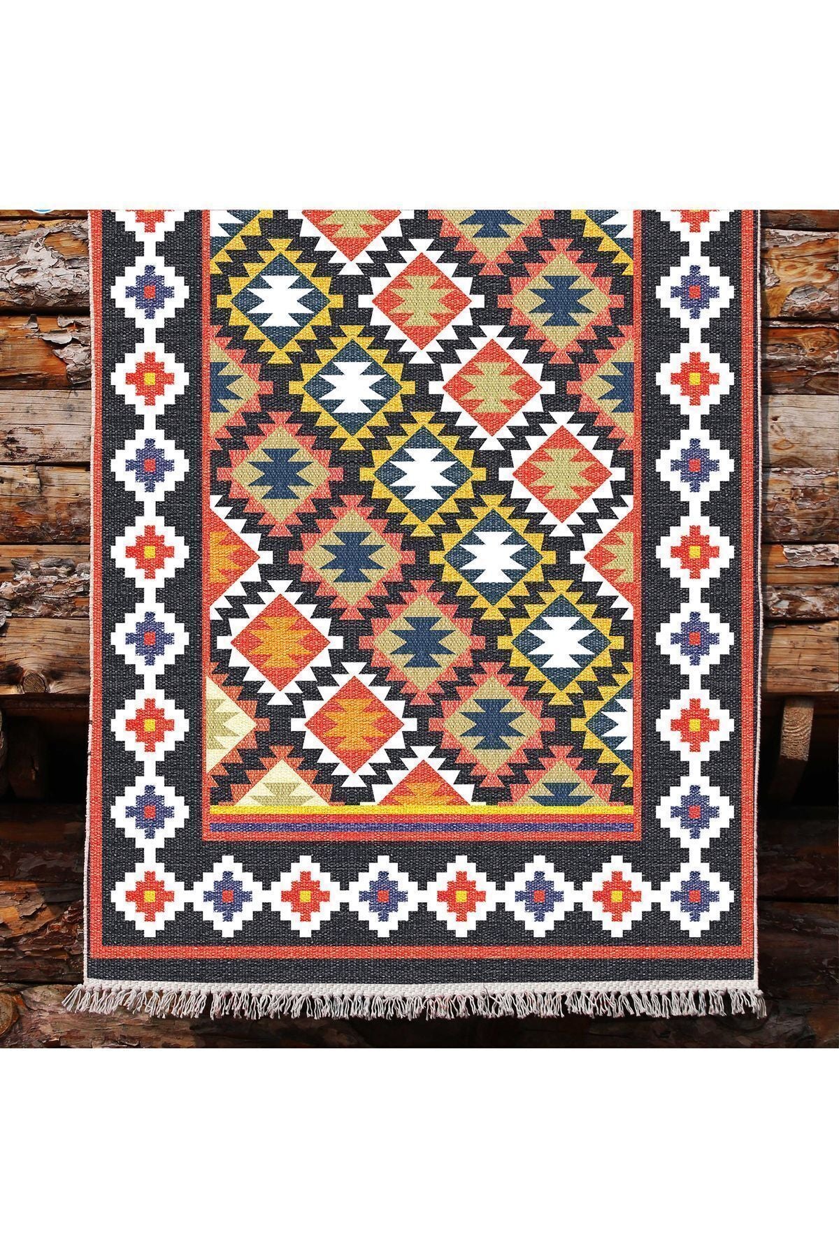 Cotton Kilim 42 Lacivert Zeminli Geneleksel Motifler Modern Dekoratif Yıkanabilen Dokuma Kilim