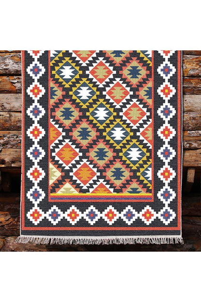 Cotton Kilim 42 Lacivert Zeminli Geneleksel Motifler Modern Dekoratif Yıkanabilen Dokuma Kilim