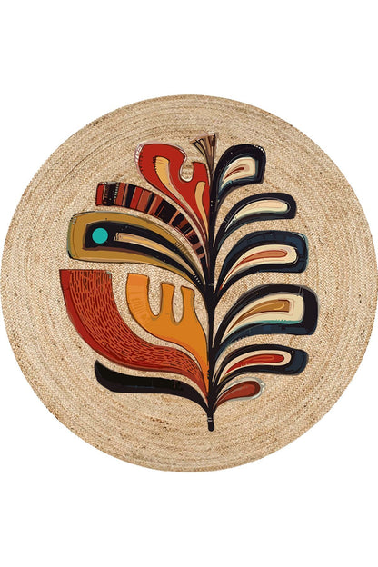 Boho 953 Multy Yaprak Desenli Jüt Rengi Örgü Yuvarlak Natural Çift Taraflı Halı