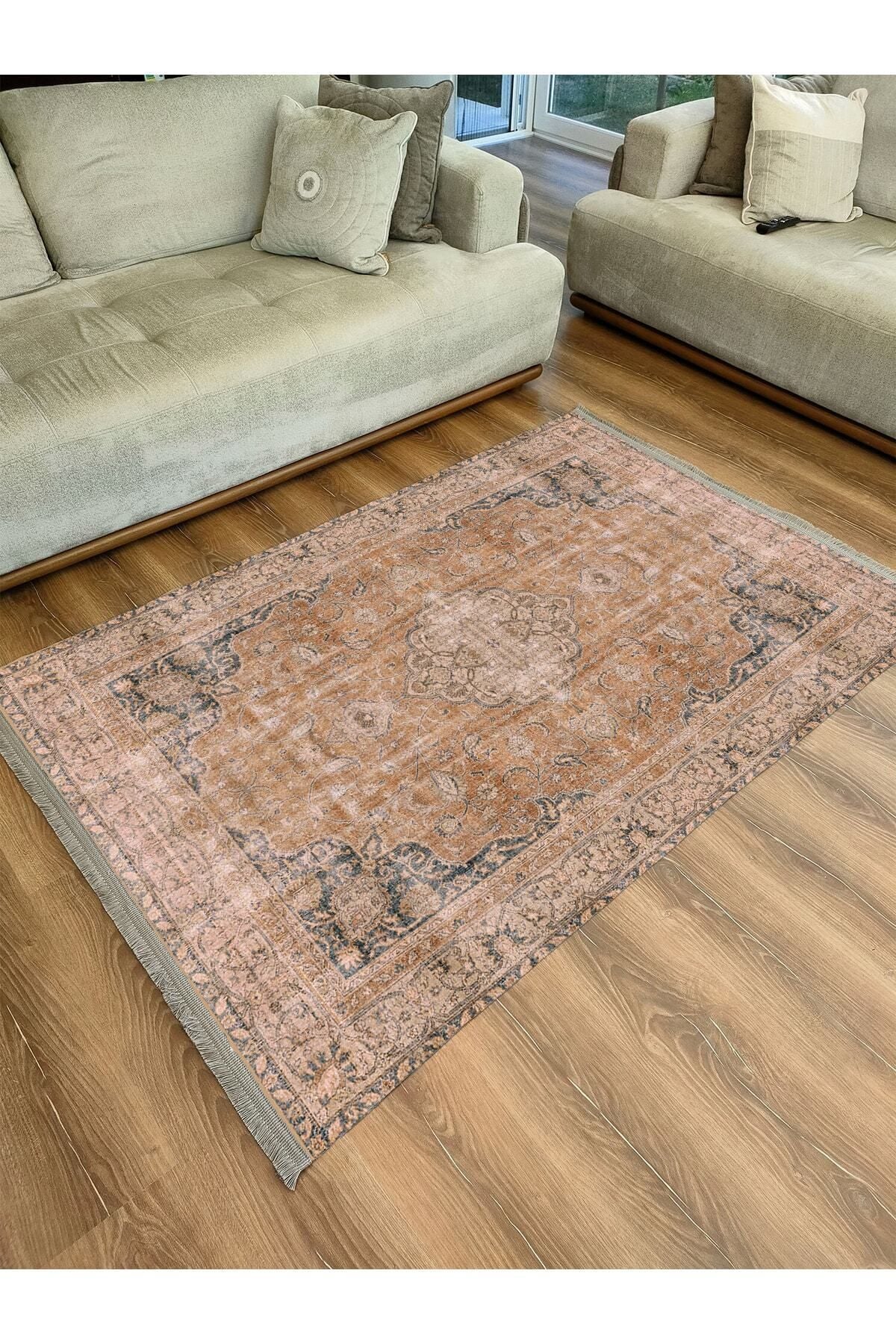 Halı Vagonu Serisi Hardal Eskitme Antika Desen Kaymaz Taban Şönil Halı