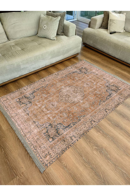 Halı Vagonu Serisi Hardal Eskitme Antika Desen Kaymaz Taban Şönil Halı