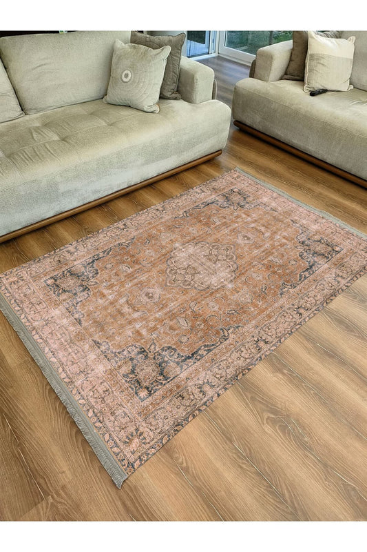 Halı Vagonu Serisi Hardal Eskitme Antika Desen Kaymaz Taban Şönil Halı