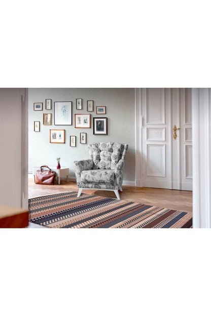 Cotton Serisi Kahve Tonlarında Zikzaklı Eskitme Otantik Etnik Desen Dekoratif Dokuma Taban Kilim