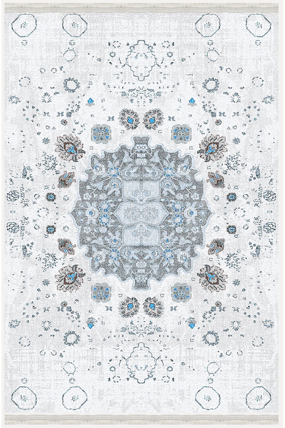 Halı Vagonu Serisi Gri Mavi Etnik Geometrik Desen Kaymaz Taban Şönil Halı