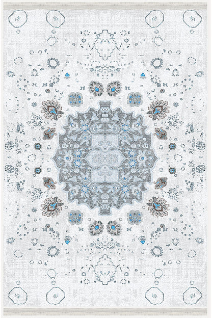 Halı Vagonu Serisi Gri Mavi Etnik Geometrik Desen Kaymaz Taban Şönil Halı