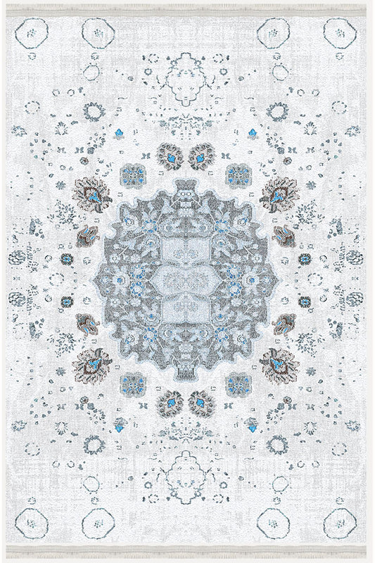 Halı Vagonu Serisi Gri Mavi Etnik Geometrik Desen Kaymaz Taban Şönil Halı